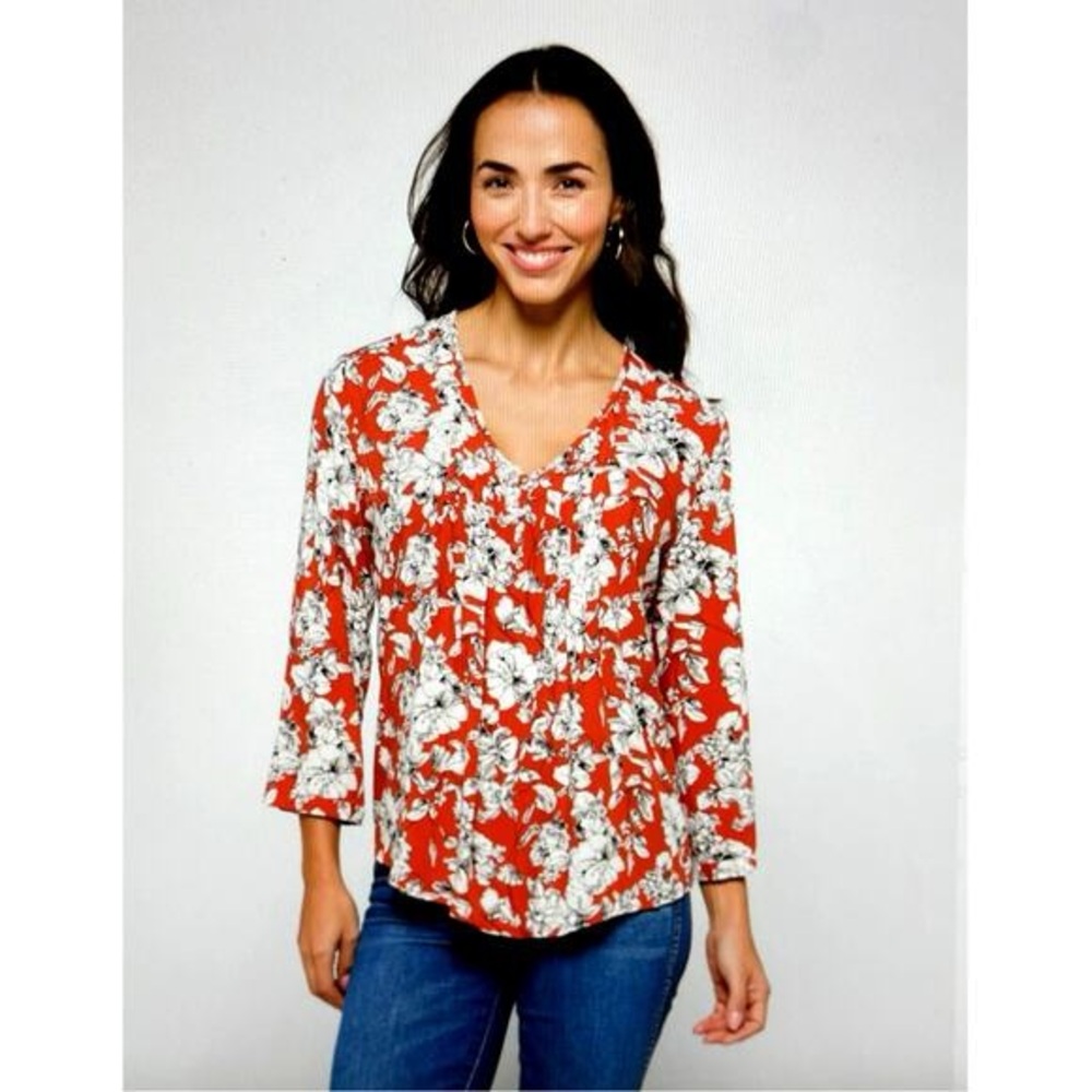 Fun2Fun Maley Pleated Detail Top Burnt Orange Floral Design Women’s Size S